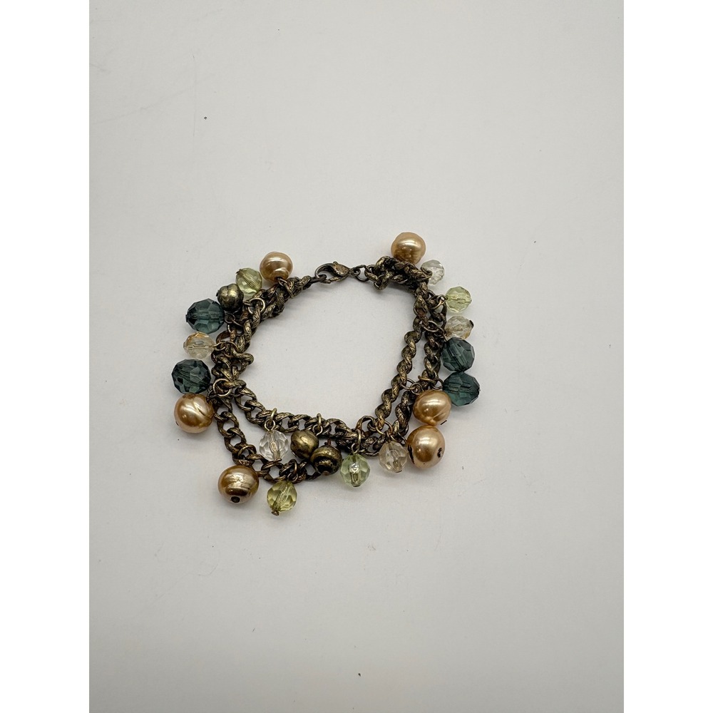 Vintage Style Multi Strand Brass Charm Bracelet Faux Pearl Glass Bead